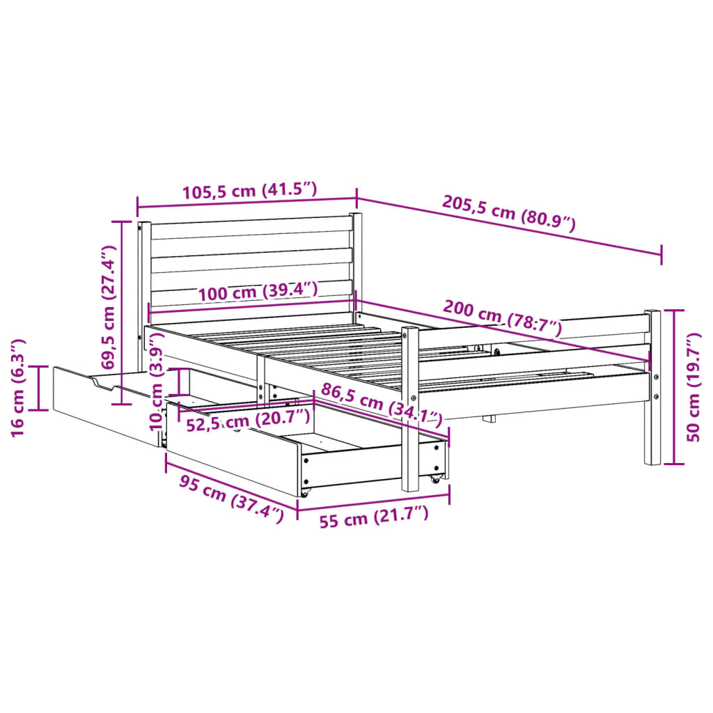 Cadre de lit sans matelas 100x200 cm bois massif de pin