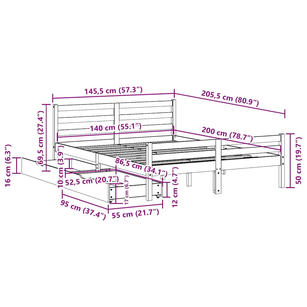 Cadre de lit sans matelas 140x200 cm bois massif de pin