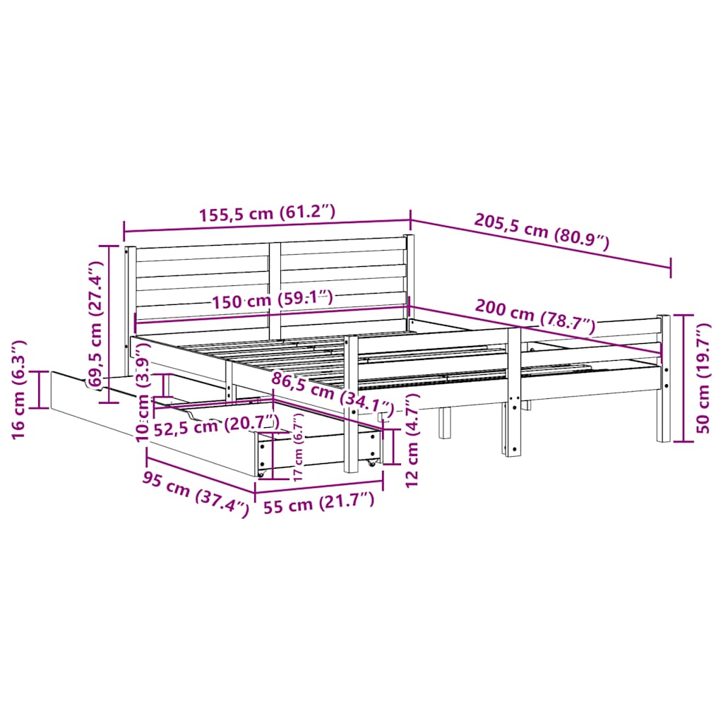 Bed frame without mattress 150x200 cm solid pine wood