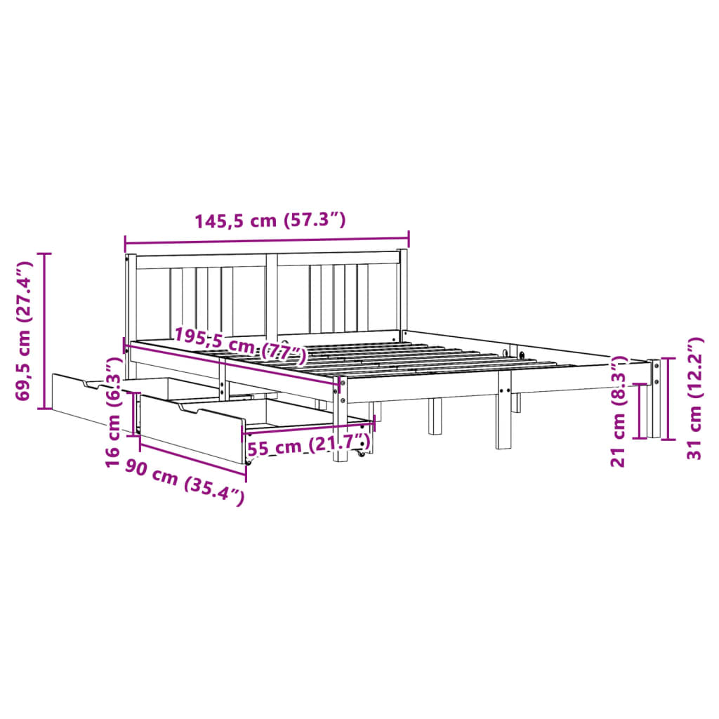 Cadre de lit sans matelas 140x190 cm bois de pin massif