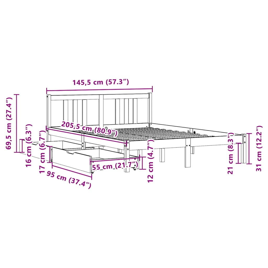 Cadre de lit sans matelas 140x200 cm bois massif de pin