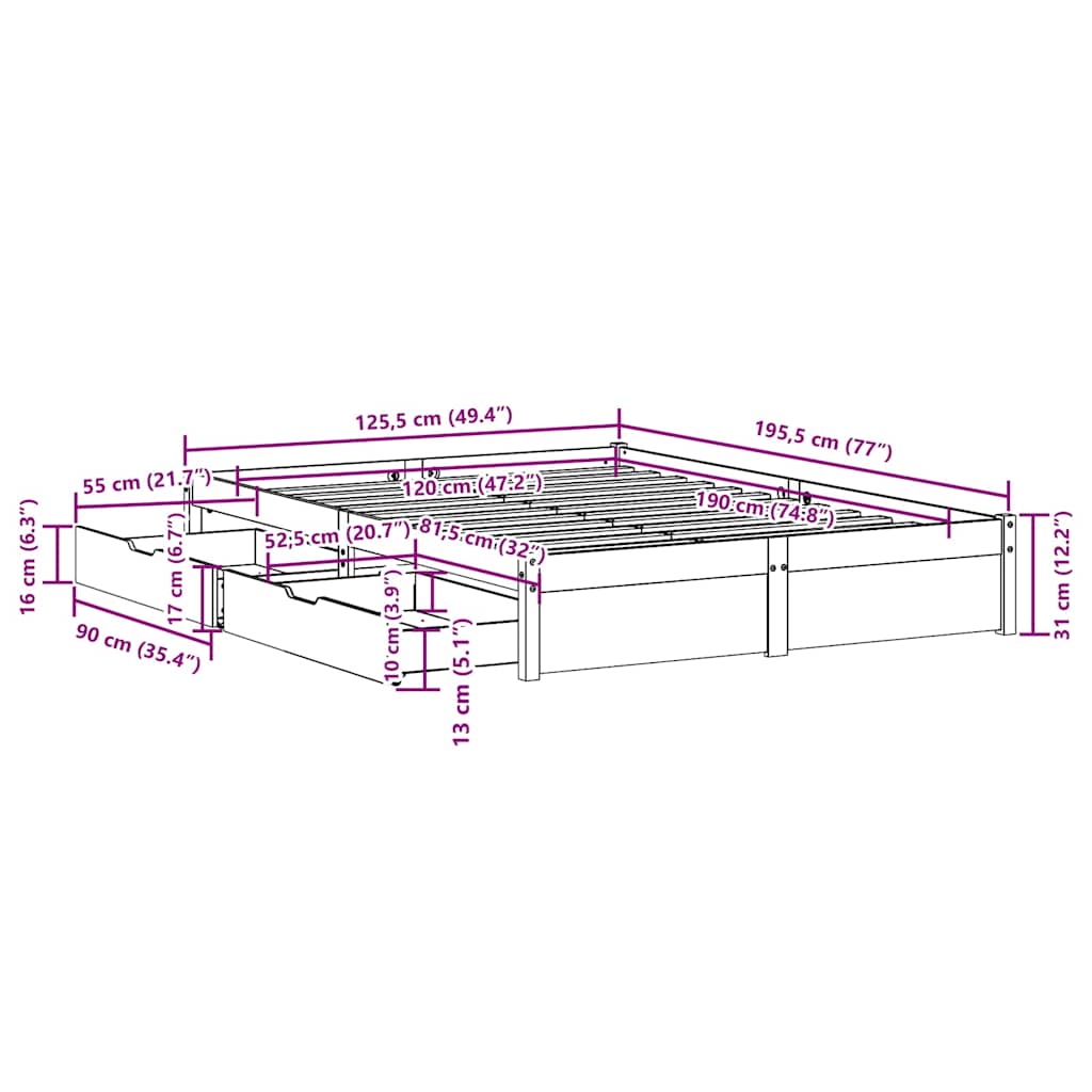 Cadre de lit sans matelas 120x190 cm bois de pin massif