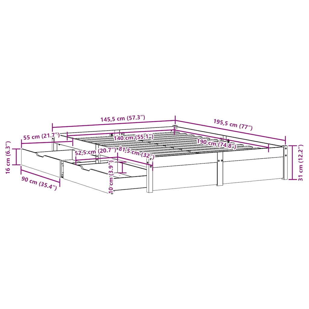 Bed frame without mattress 140x190 cm solid pine wood