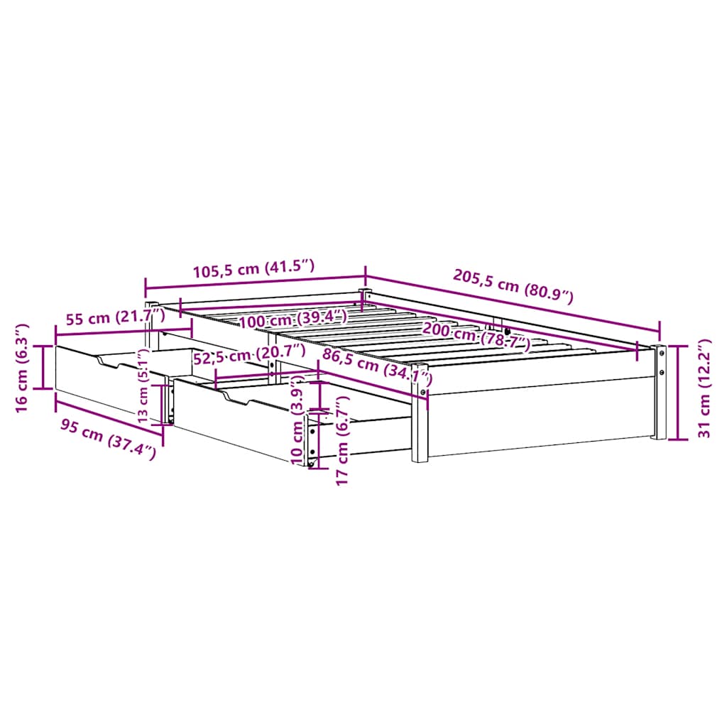 Cadre de lit sans matelas 100x200 cm bois massif de pin