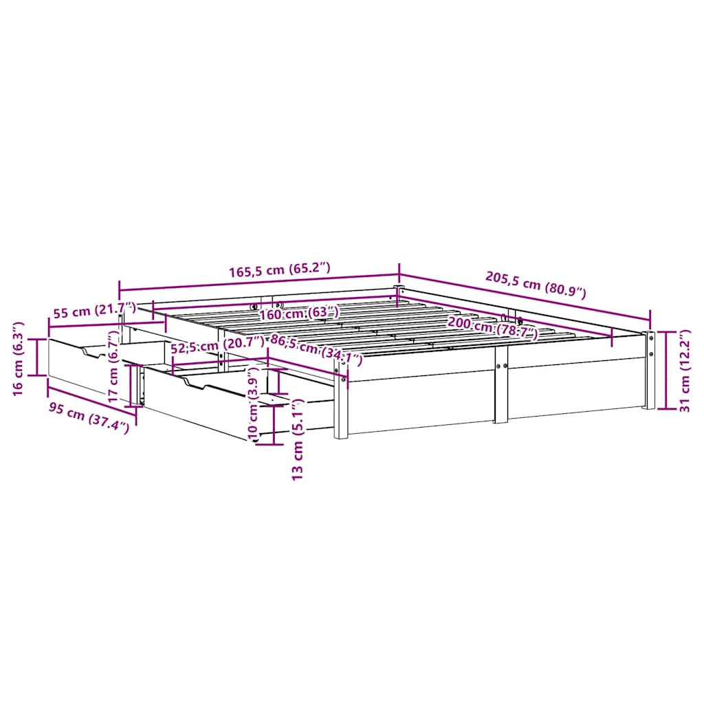 Bed frame without mattress 160x200 cm solid pine wood