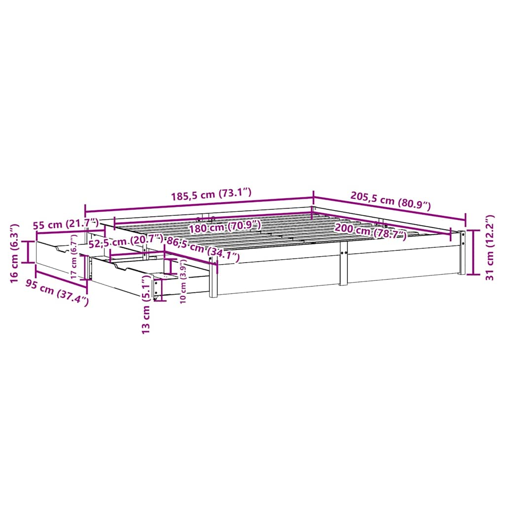 Bed frame without mattress 180x200 cm solid pine wood