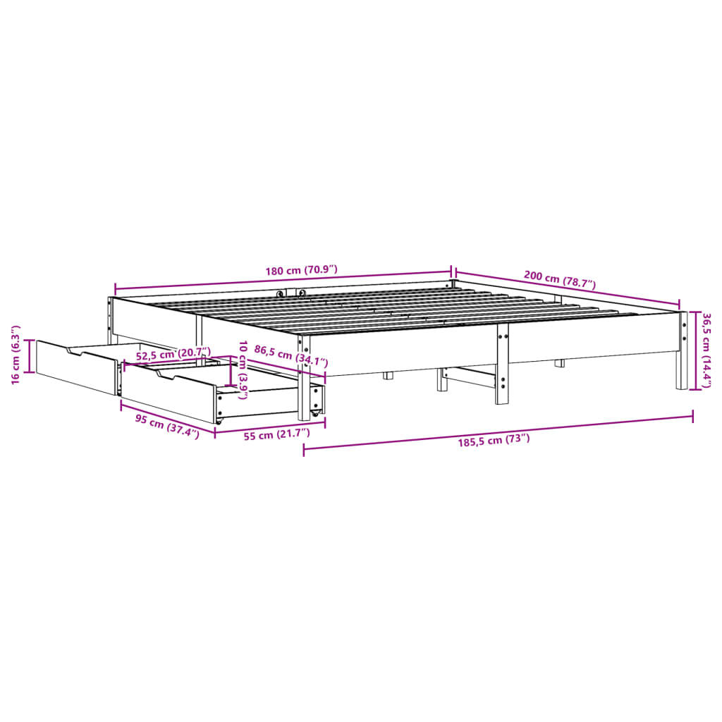 Bed frame without mattress 180x200 cm solid pine wood