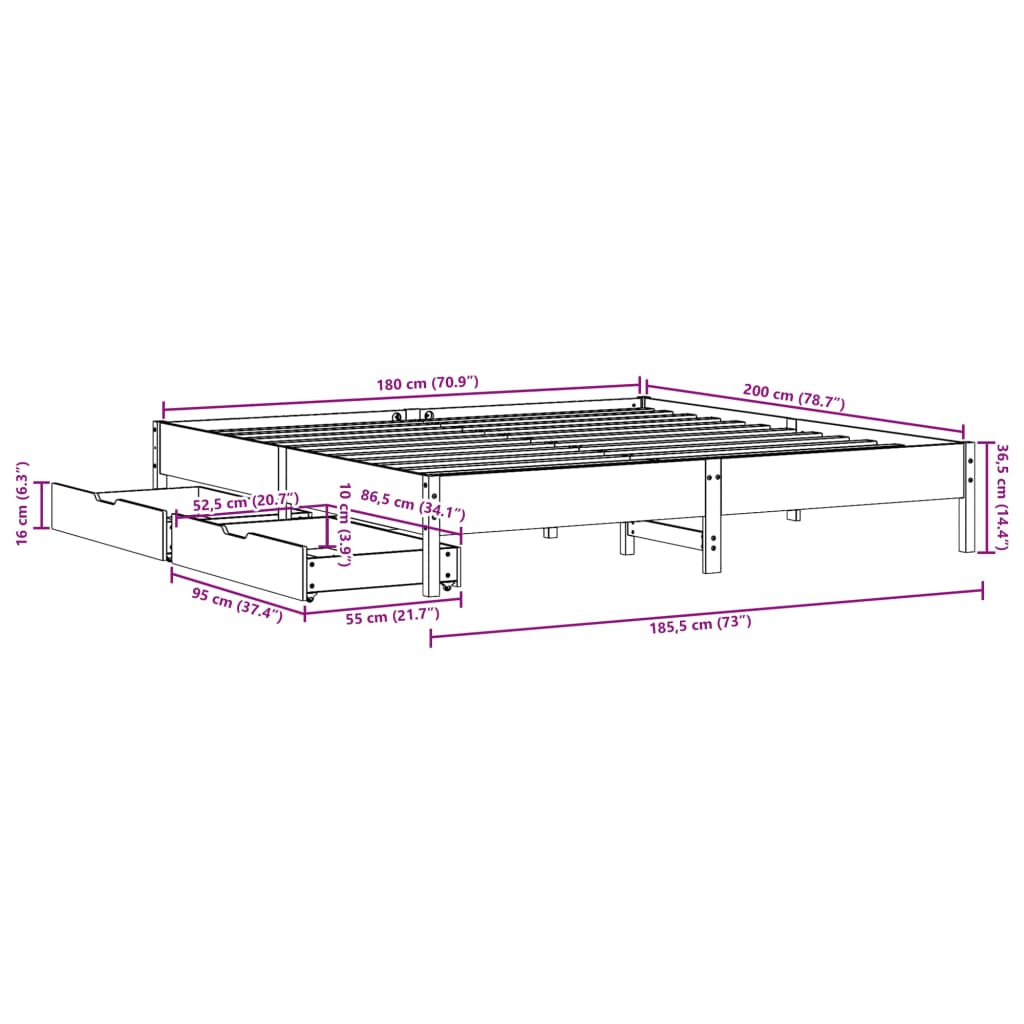 Cadre de lit sans matelas cire marron 180x200cm bois pin massif