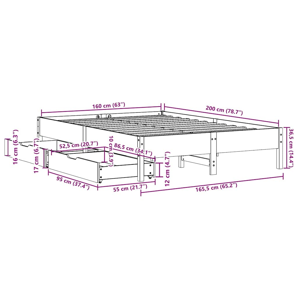 Cadre de lit sans matelas cire marron 160x200cm bois pin massif