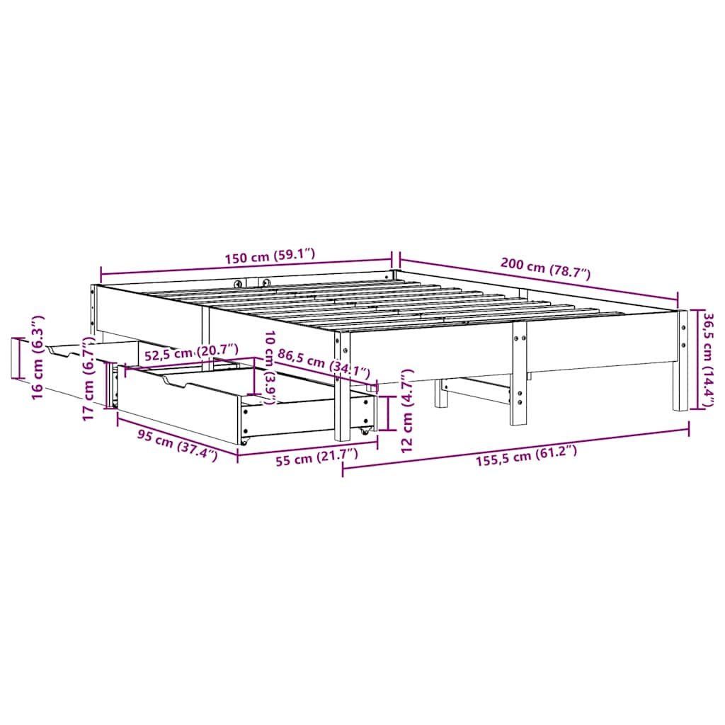 Cadre de lit sans matelas cire marron 150x200cm bois pin massif