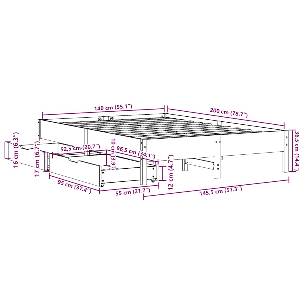 Cadre de lit sans matelas cire marron 140x200cm bois pin massif