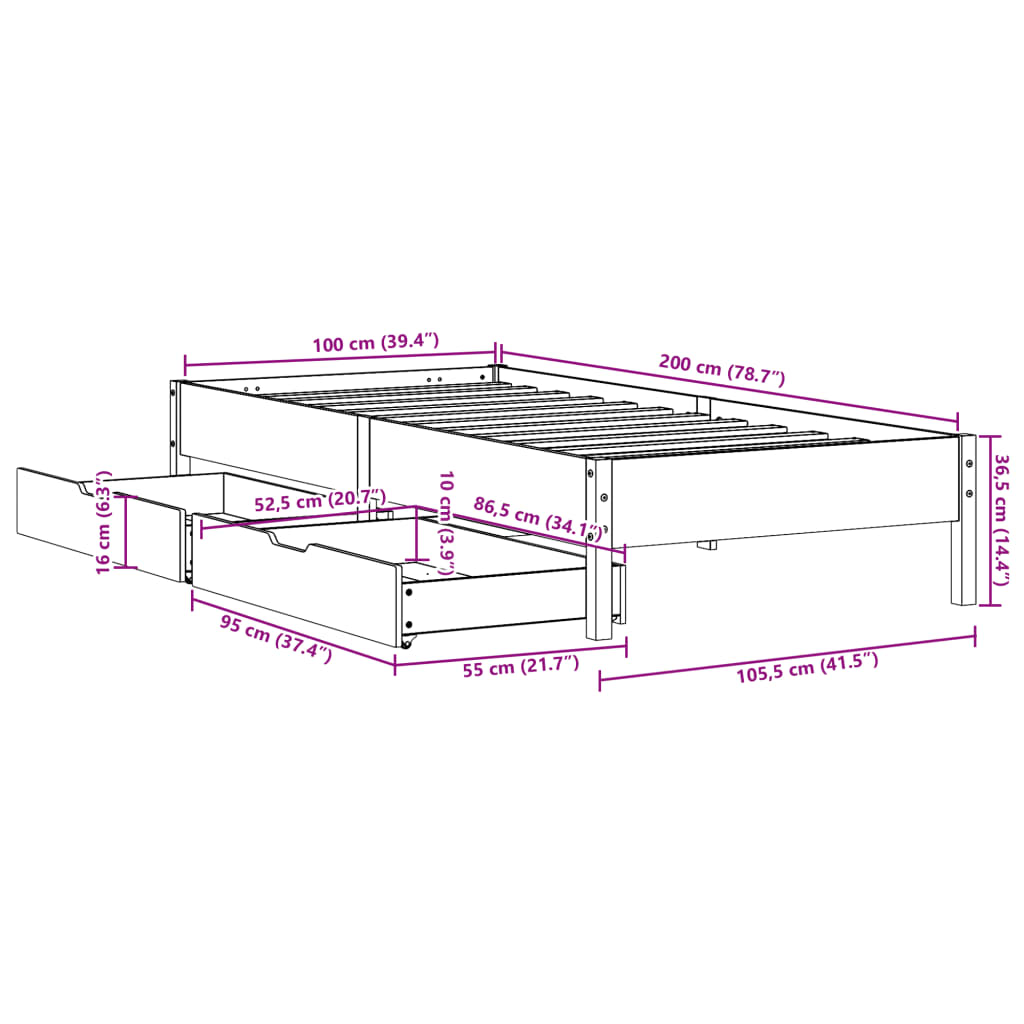 Cadre de lit sans matelas cire marron 100x200cm bois pin massif