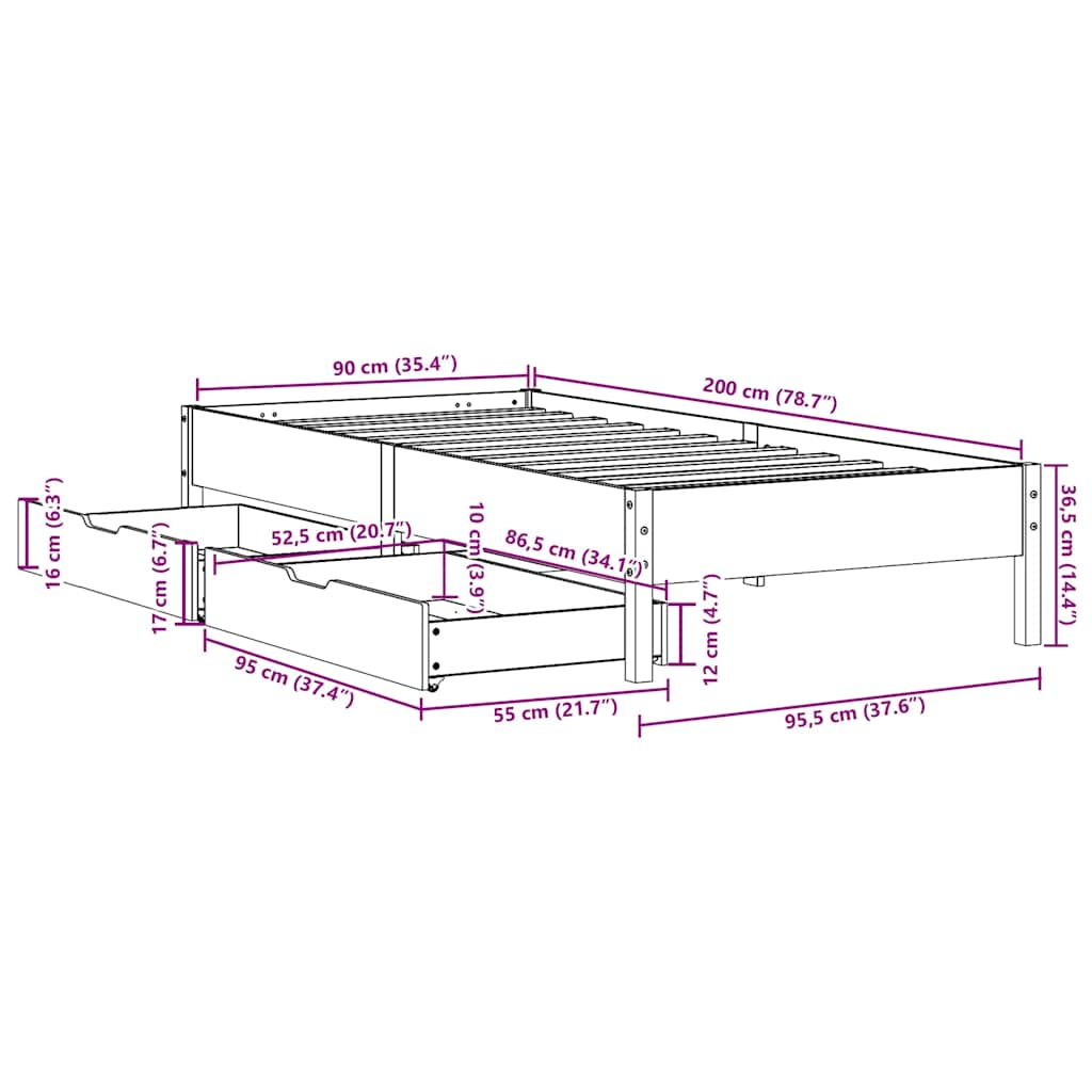 Cadre de lit sans matelas cire marron 90x200 cm bois pin massif