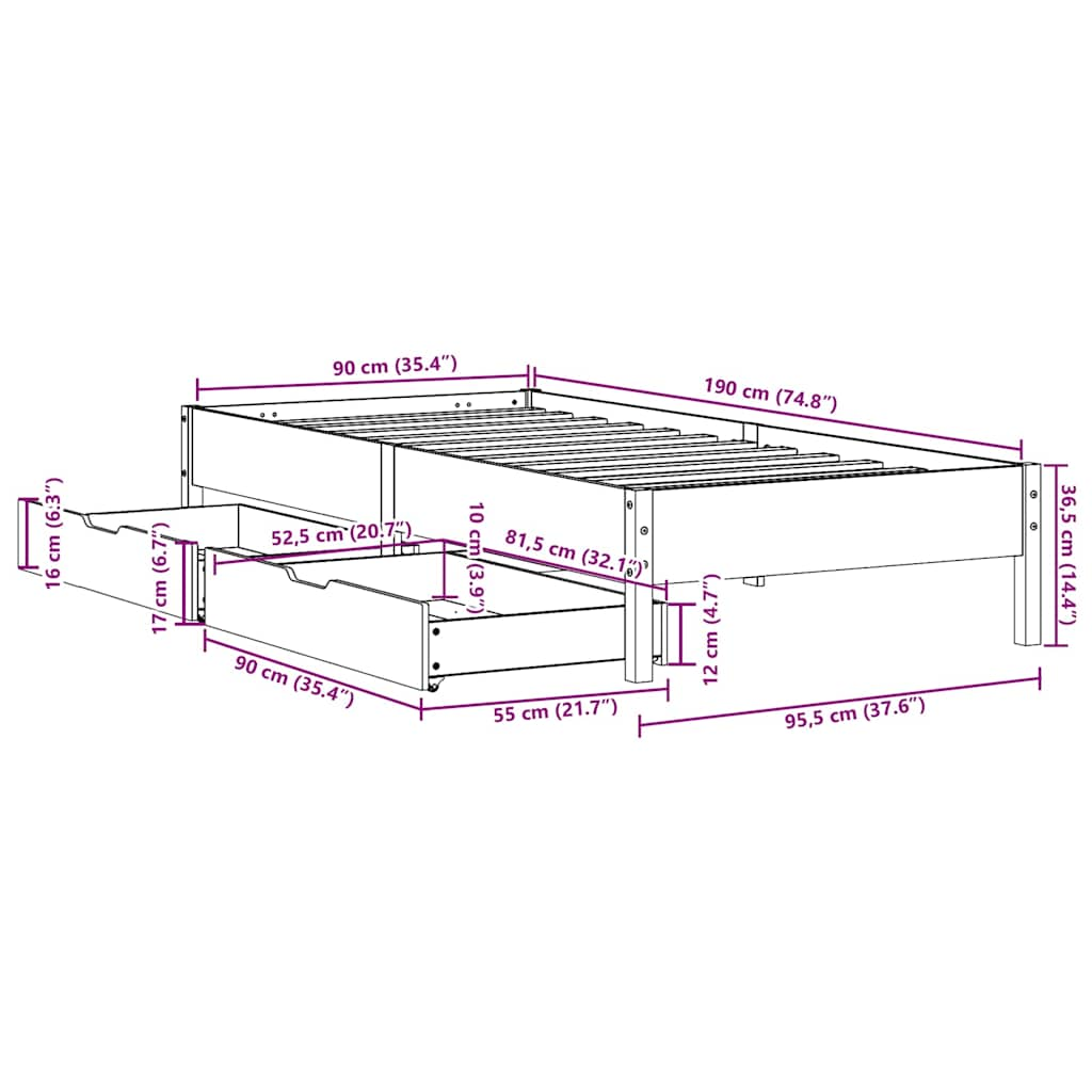 Cadre de lit sans matelas 90x190 cm bois de pin massif