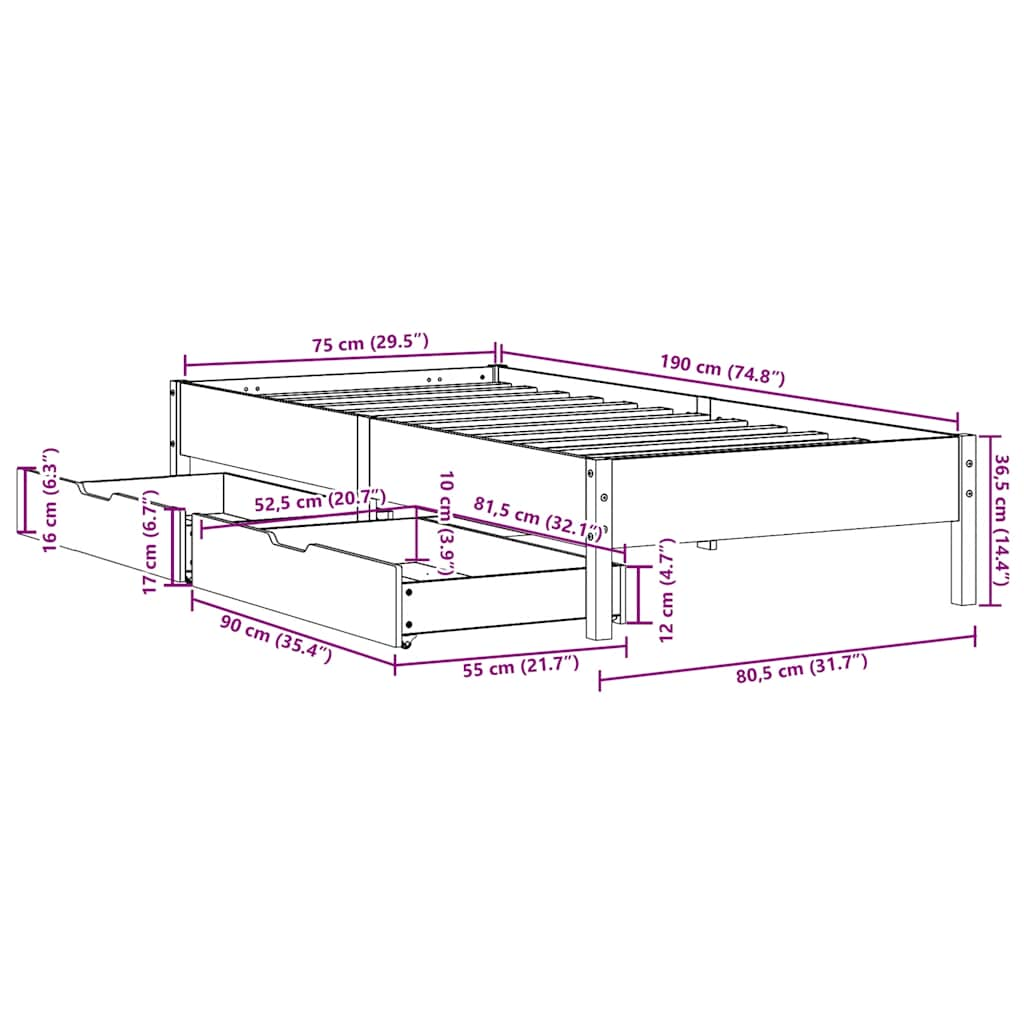 Cadre de lit sans matelas 75x190 cm bois de pin massif