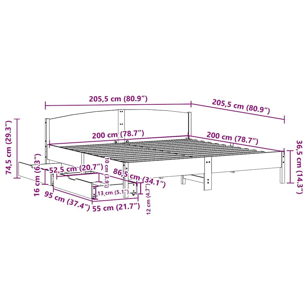 Cadre de lit sans matelas cire marron 200x200cm bois pin massif