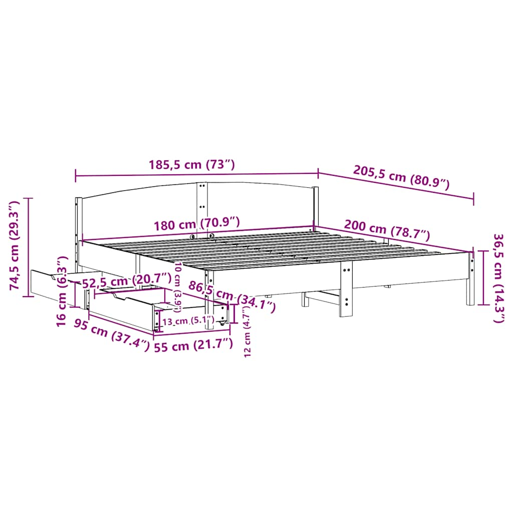 Bettgestell ohne Matratze, braunes Wachs, 180 x 200 cm, massives Kiefernholz