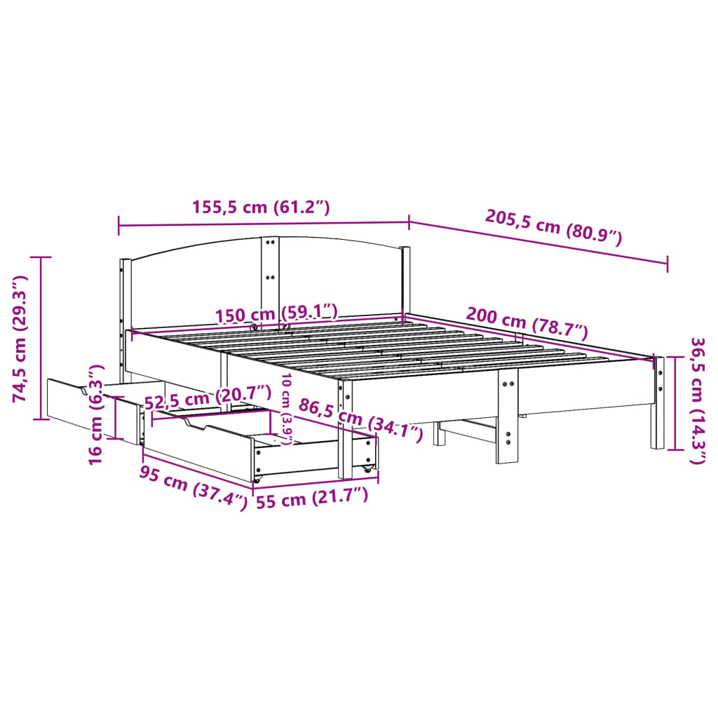 Bed frame without mattress 150x200 cm solid pine wood