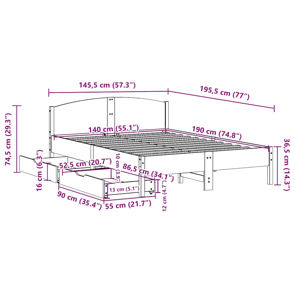 Cadre de lit sans matelas cire marron 140x190cm bois pin massif