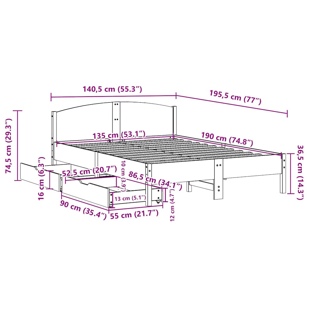 Cadre de lit sans matelas cire marron 135x190cm bois pin massif