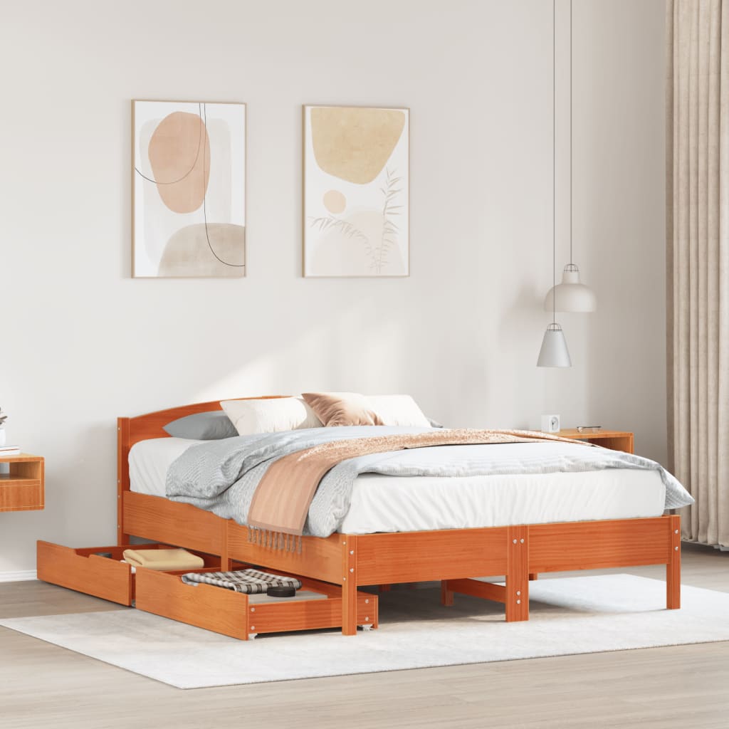 Cadre de lit sans matelas cire marron 135x190cm bois pin massif