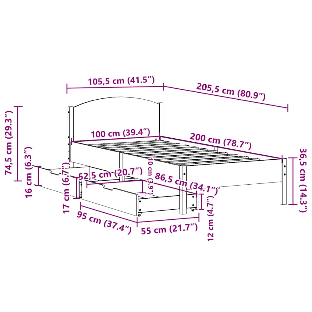 Cadre de lit sans matelas 100x200 cm bois massif de pin