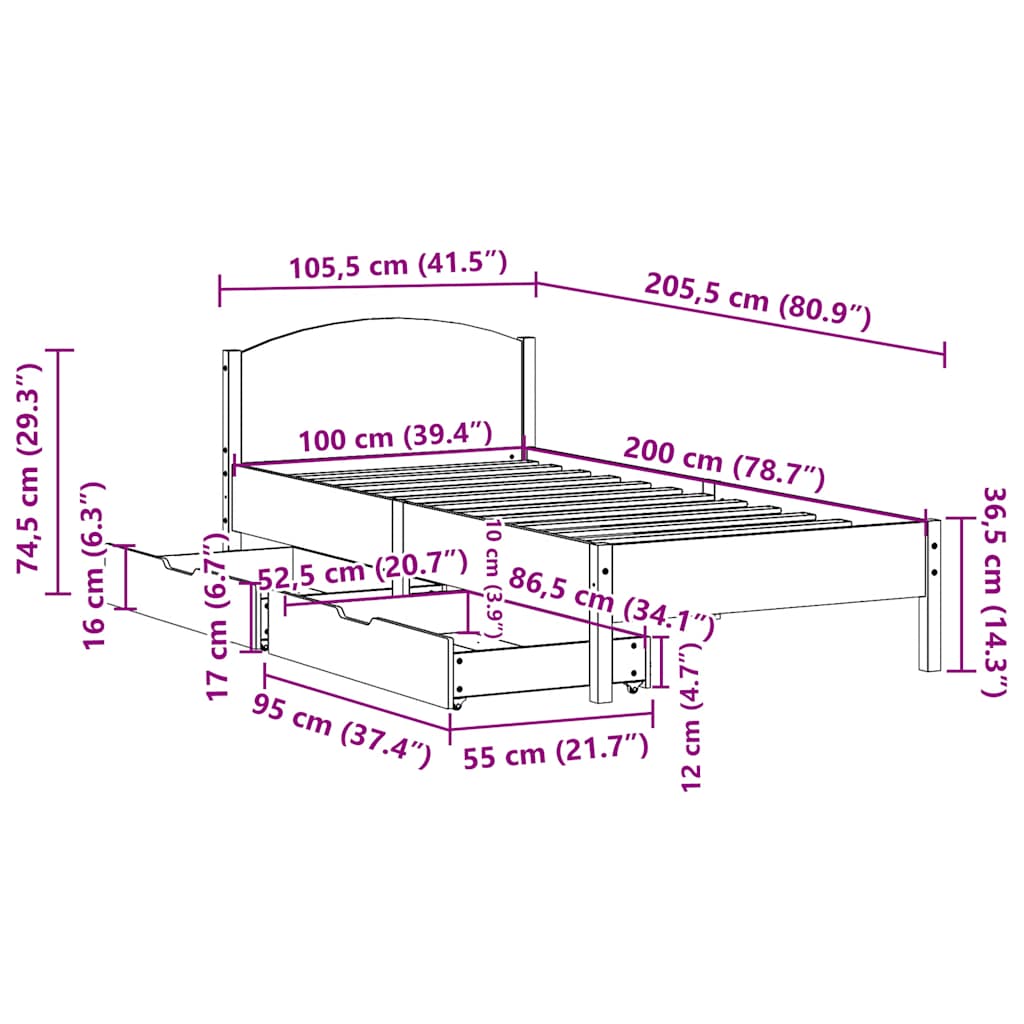 Bed frame without mattress brown wax 100x200cm solid pine wood