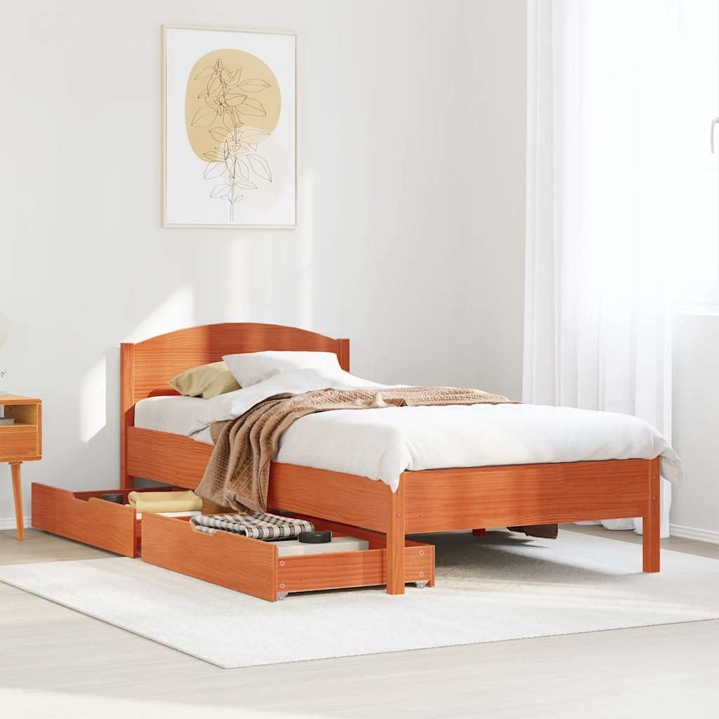 Bed frame without mattress brown wax 100x200cm solid pine wood