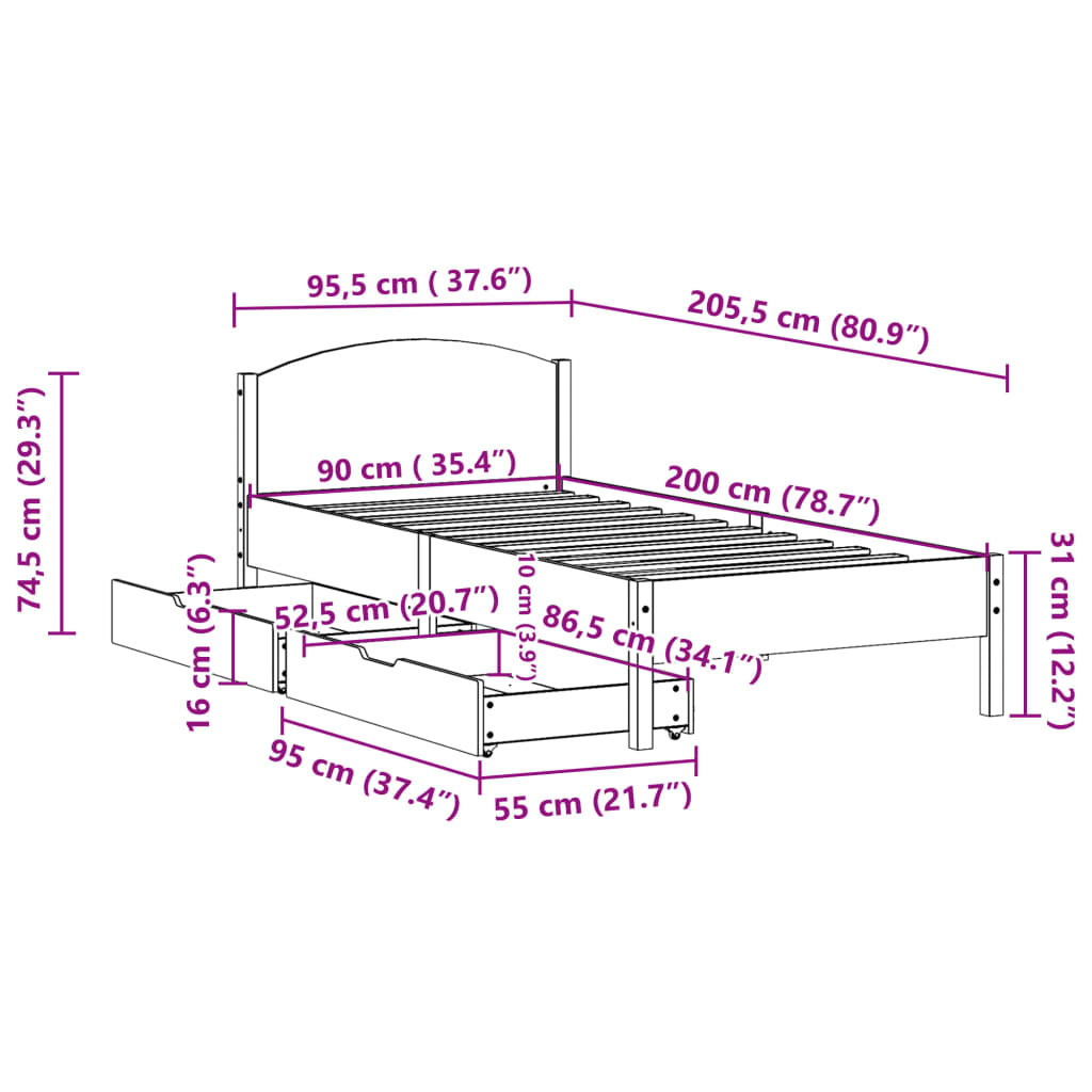 Cadre de lit sans matelas cire marron 90x200 cm bois pin massif