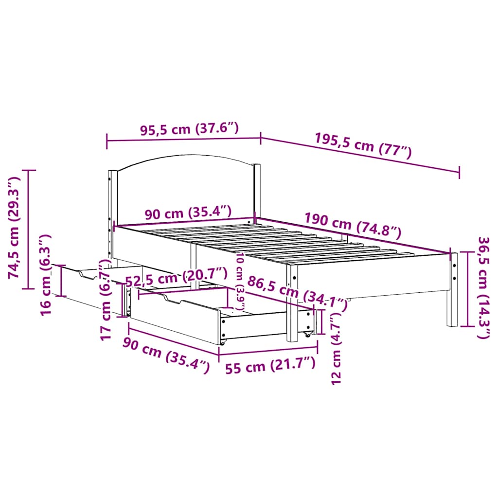 Cadre de lit sans matelas 90x190 cm bois de pin massif