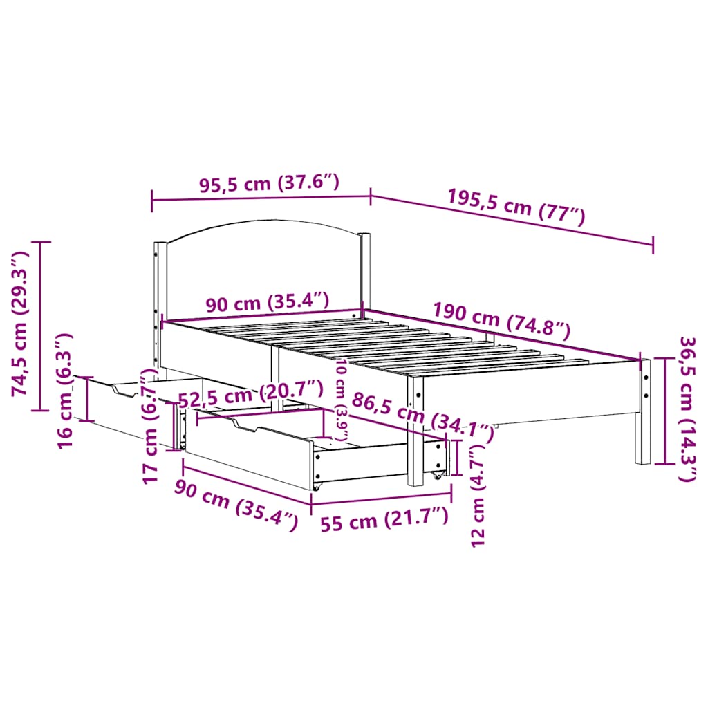 Bettgestell ohne Matratze, braunes Wachs, 90 x 190 cm, massives Kiefernholz