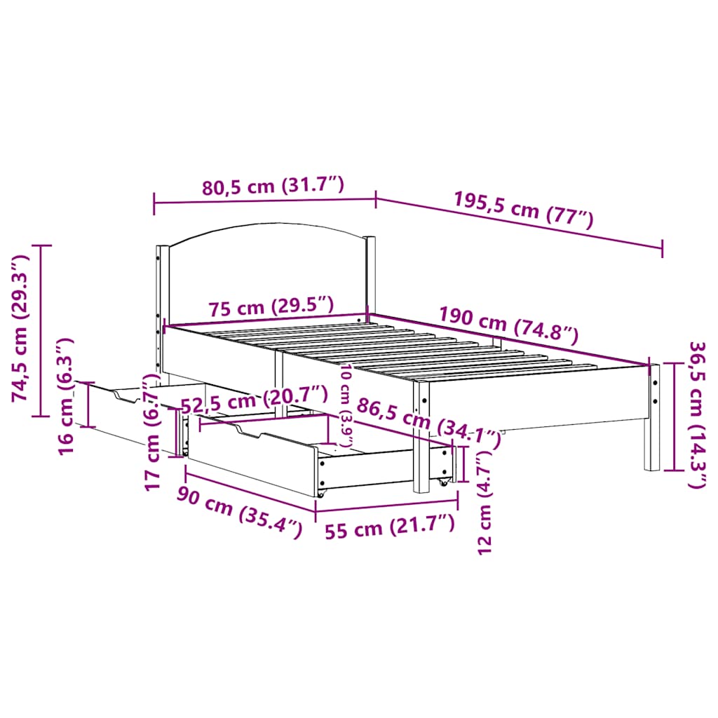 Cadre de lit sans matelas cire marron 75x190 cm bois pin massif