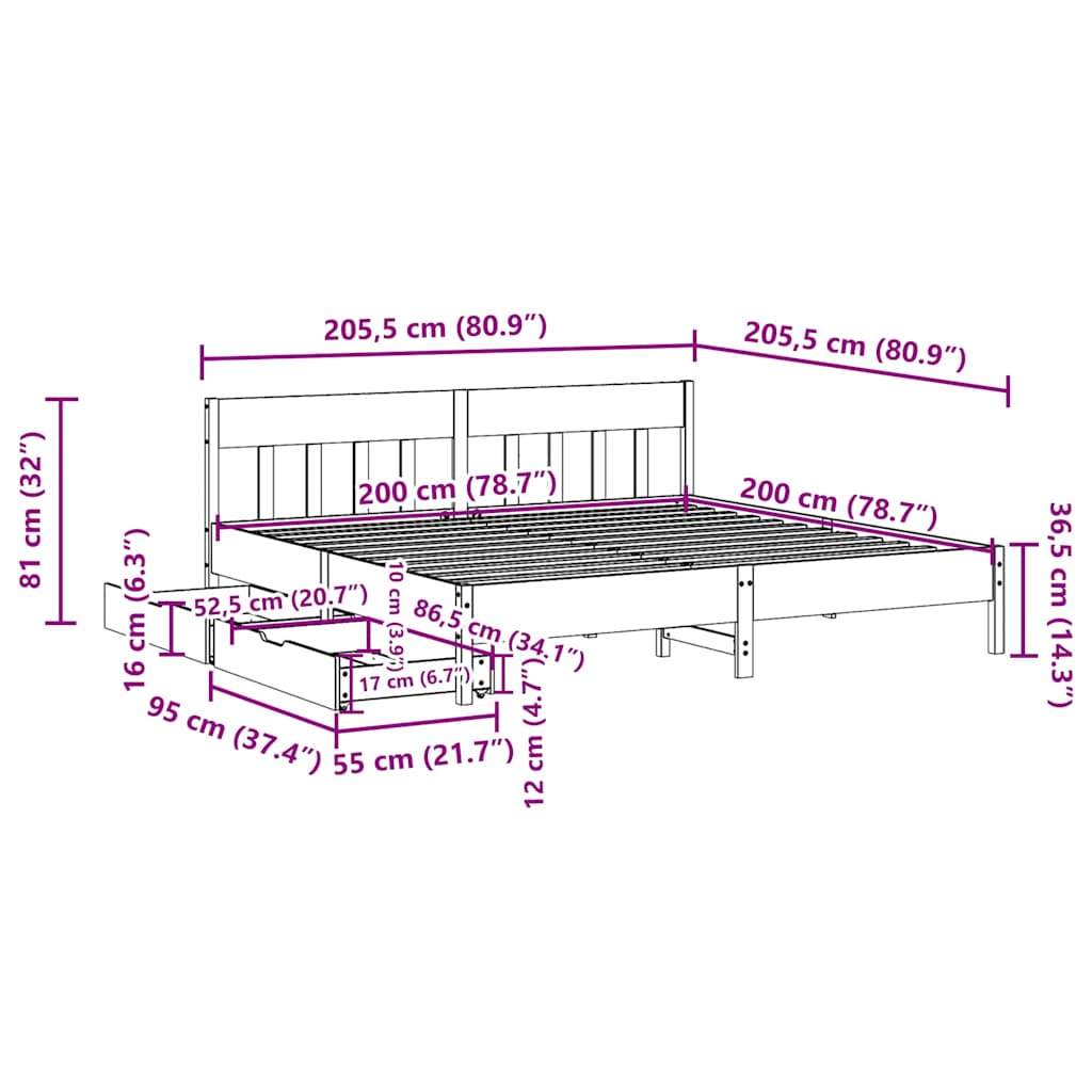 Cadre de lit sans matelas cire marron 200x200cm bois pin massif