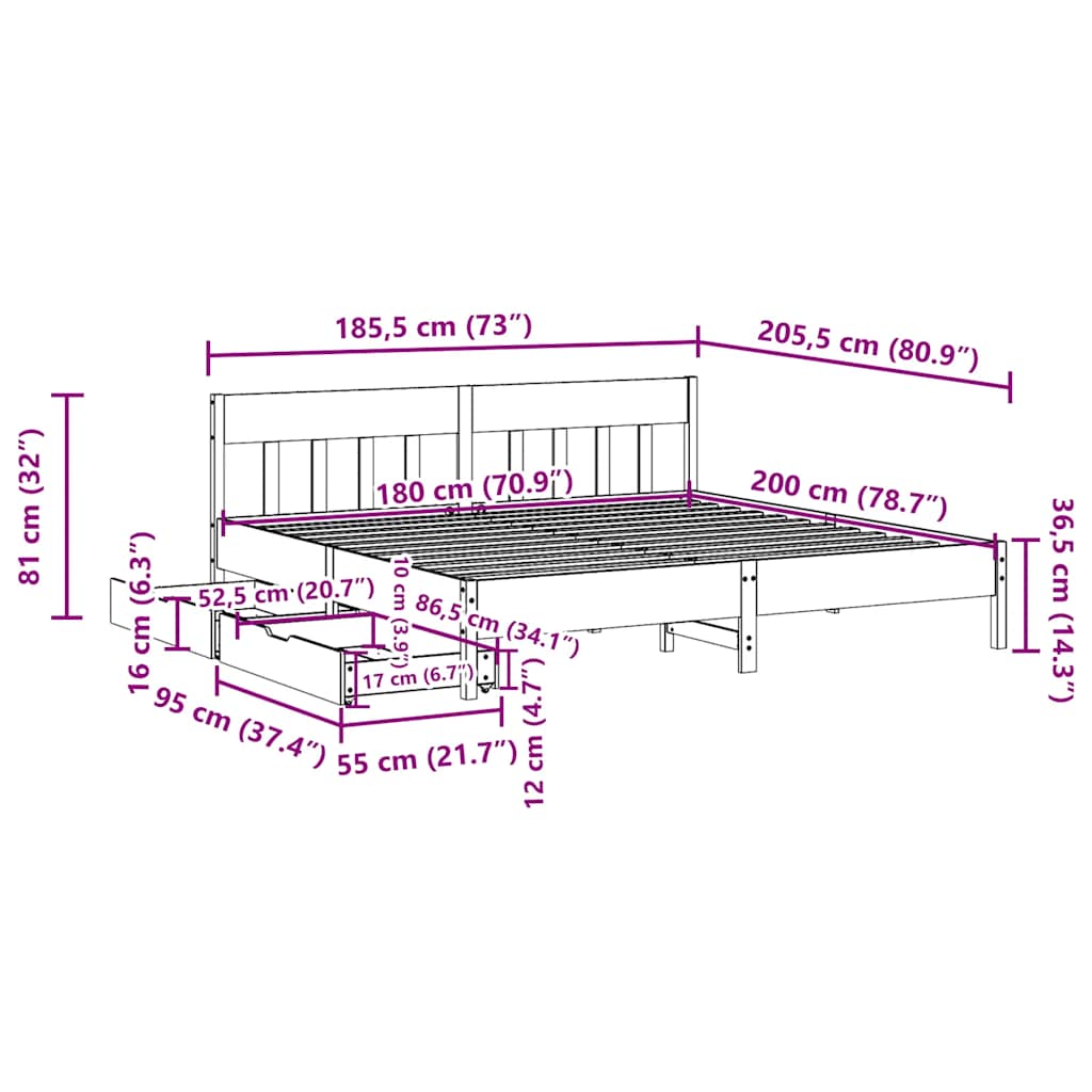 Bed frame without mattress 180x200 cm solid pine wood