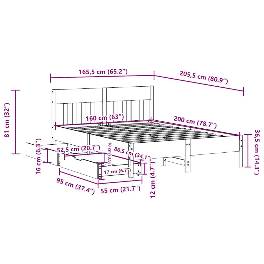 Bed frame without mattress 160x200 cm solid pine wood