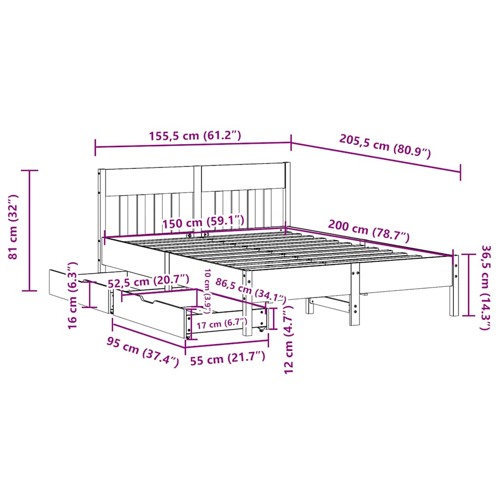 Cadre de lit sans matelas cire marron 150x200cm bois pin massif