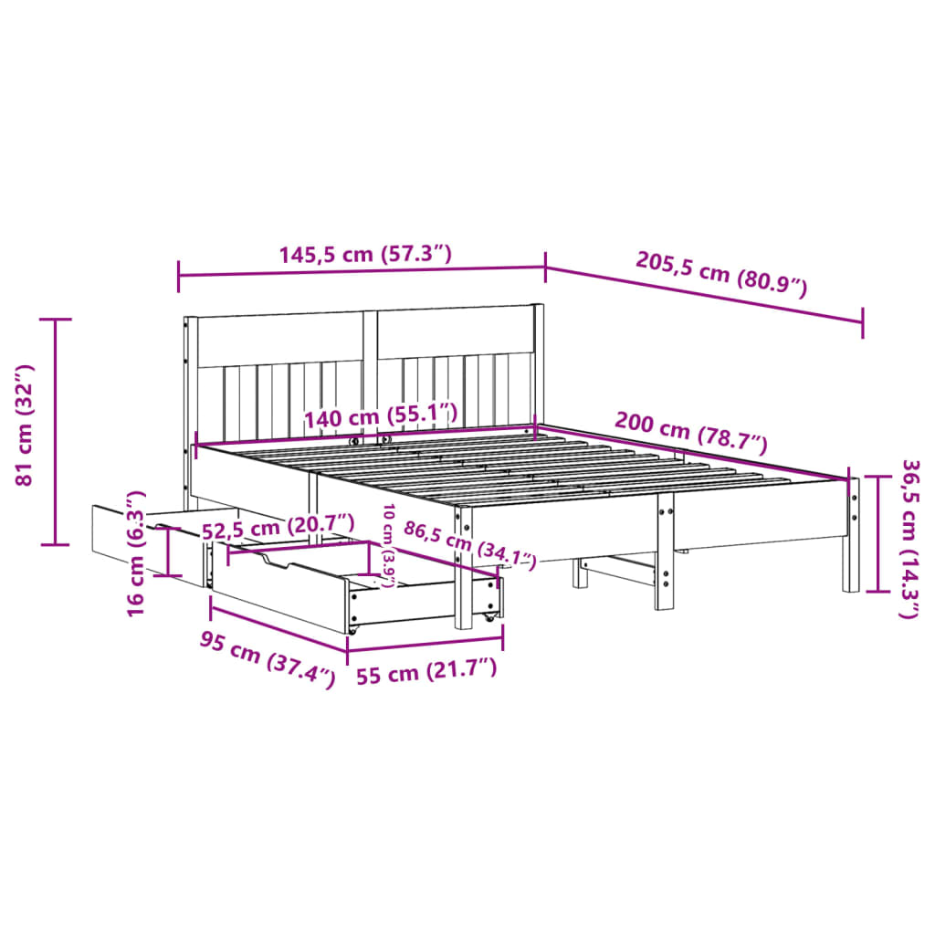 Bed frame without mattress 140x200 cm solid pine wood