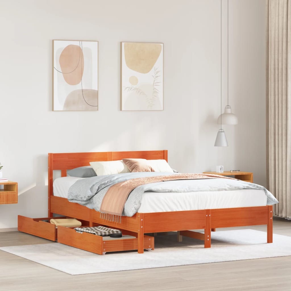 Cadre de lit sans matelas cire marron 140x200cm bois pin massif