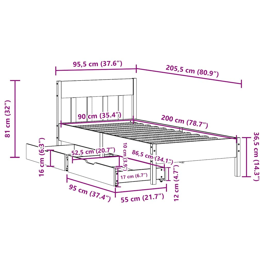 Cadre de lit sans matelas cire marron 90x200 cm bois pin massif