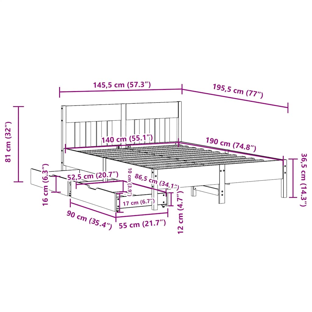 Cadre de lit sans matelas cire marron 140x190cm bois pin massif