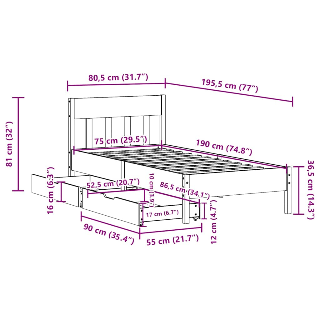 Cadre de lit sans matelas 75x190 cm bois de pin massif