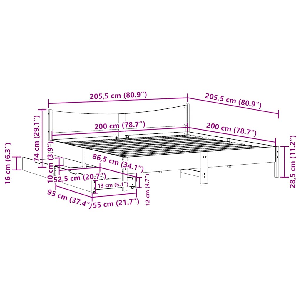 Cadre de lit avec tiroirs 200x200 cm bois massif de pin