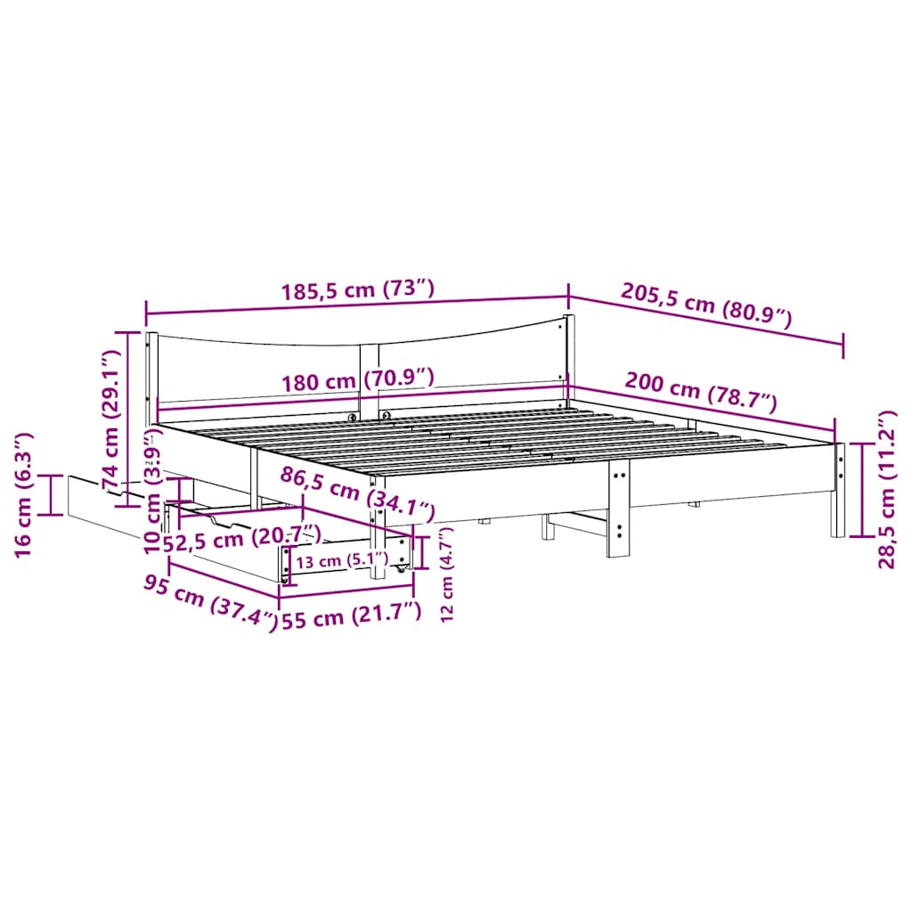 Cadre de lit avec tiroirs 180x200 cm bois de pin massif