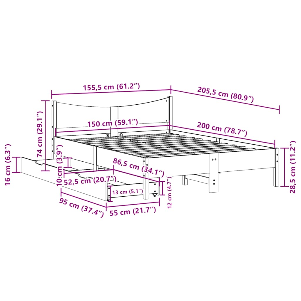 Cadre de lit avec tiroirs cire marron 150x200cm bois pin massif