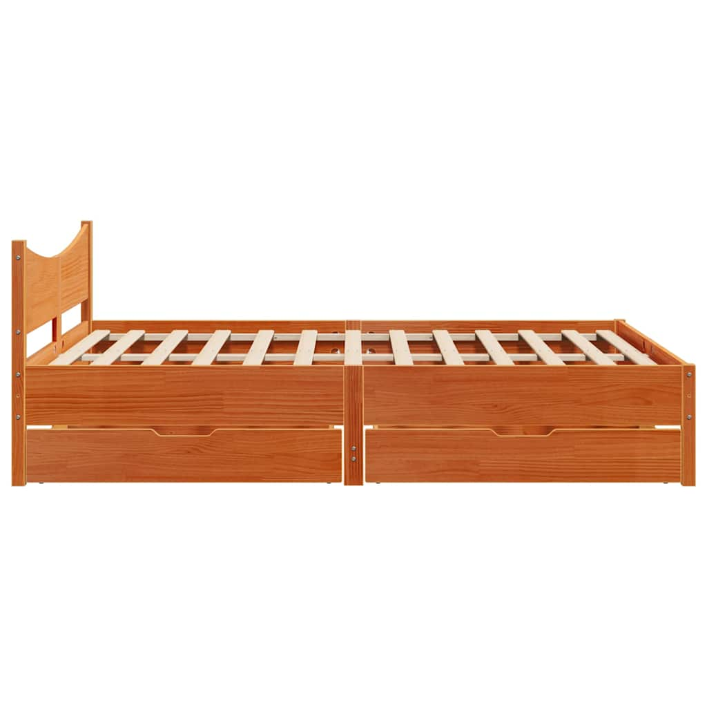 Bed frame with drawers brown wax 140x200cm solid pine wood