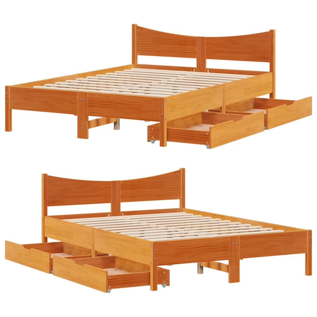 Bed frame with drawers brown wax 140x200cm solid pine wood