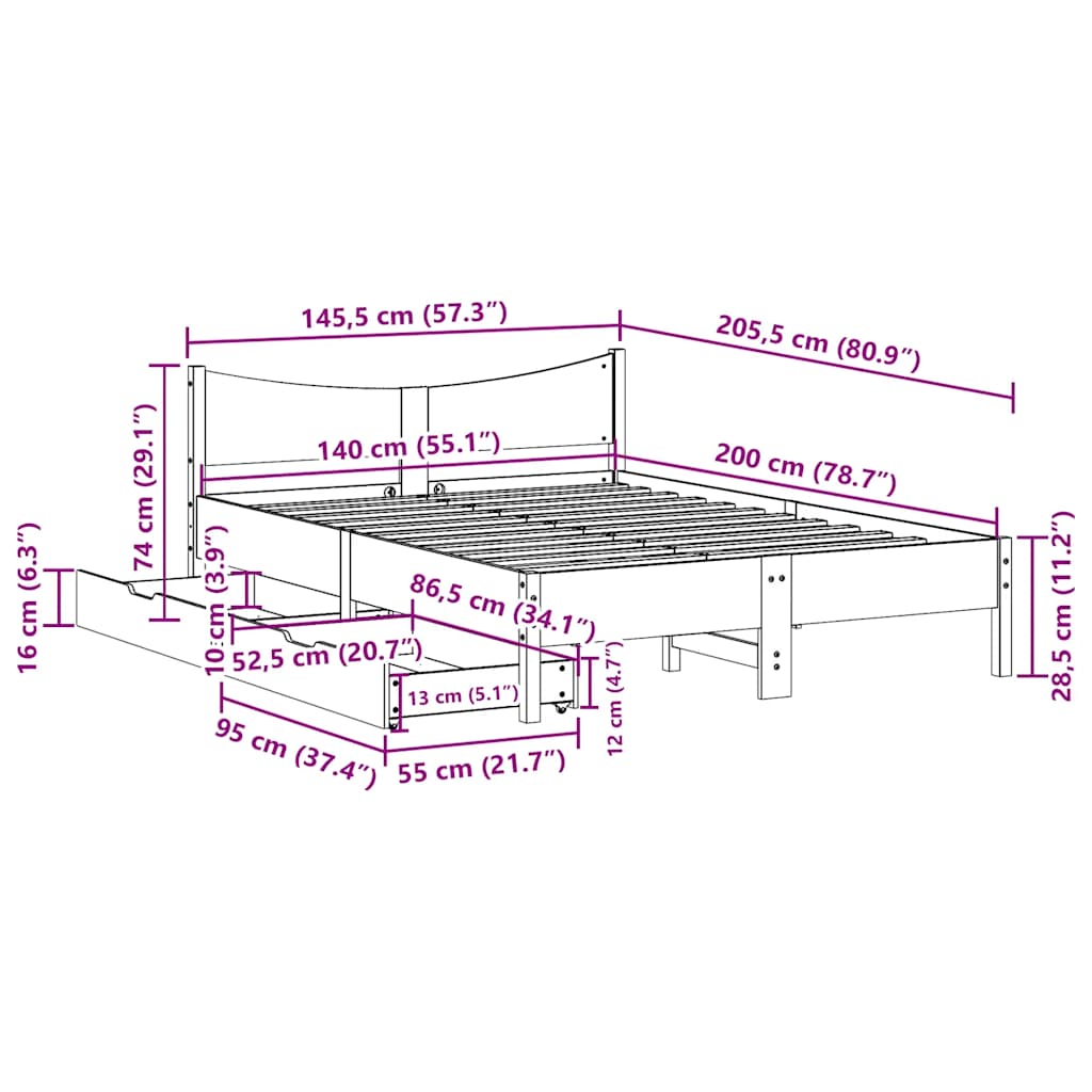 Bed frame with drawers brown wax 140x200cm solid pine wood