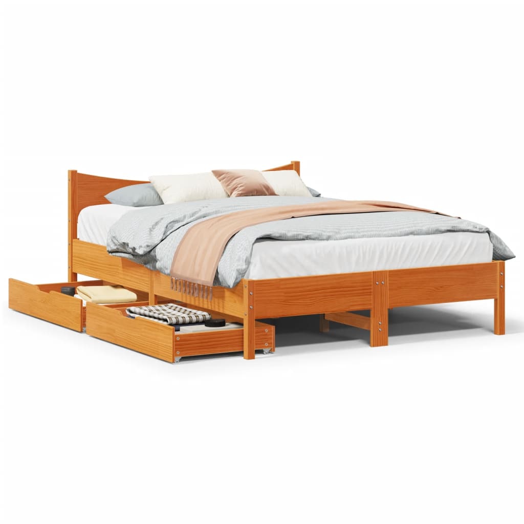 Bed frame with drawers brown wax 140x200cm solid pine wood