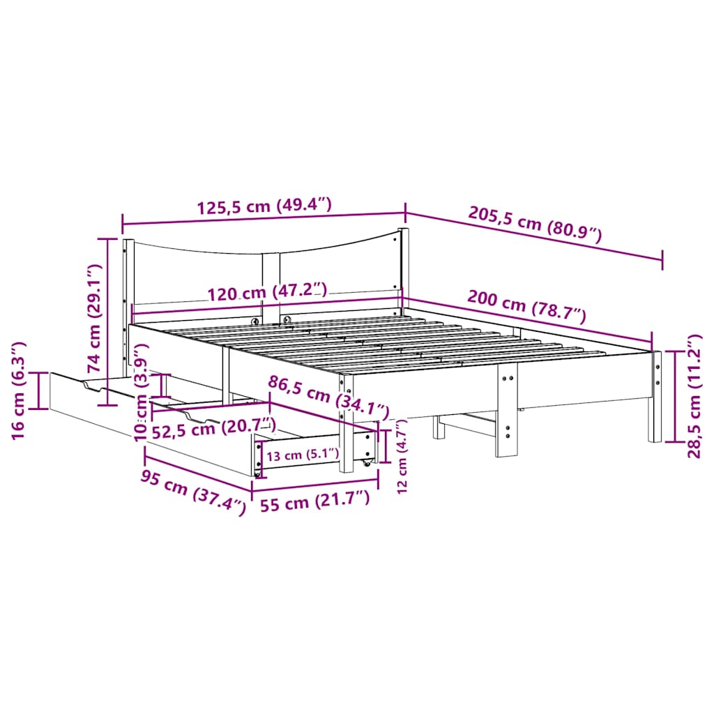 Bettgestell mit Schubladen 120x200 cm aus massivem Kiefernholz