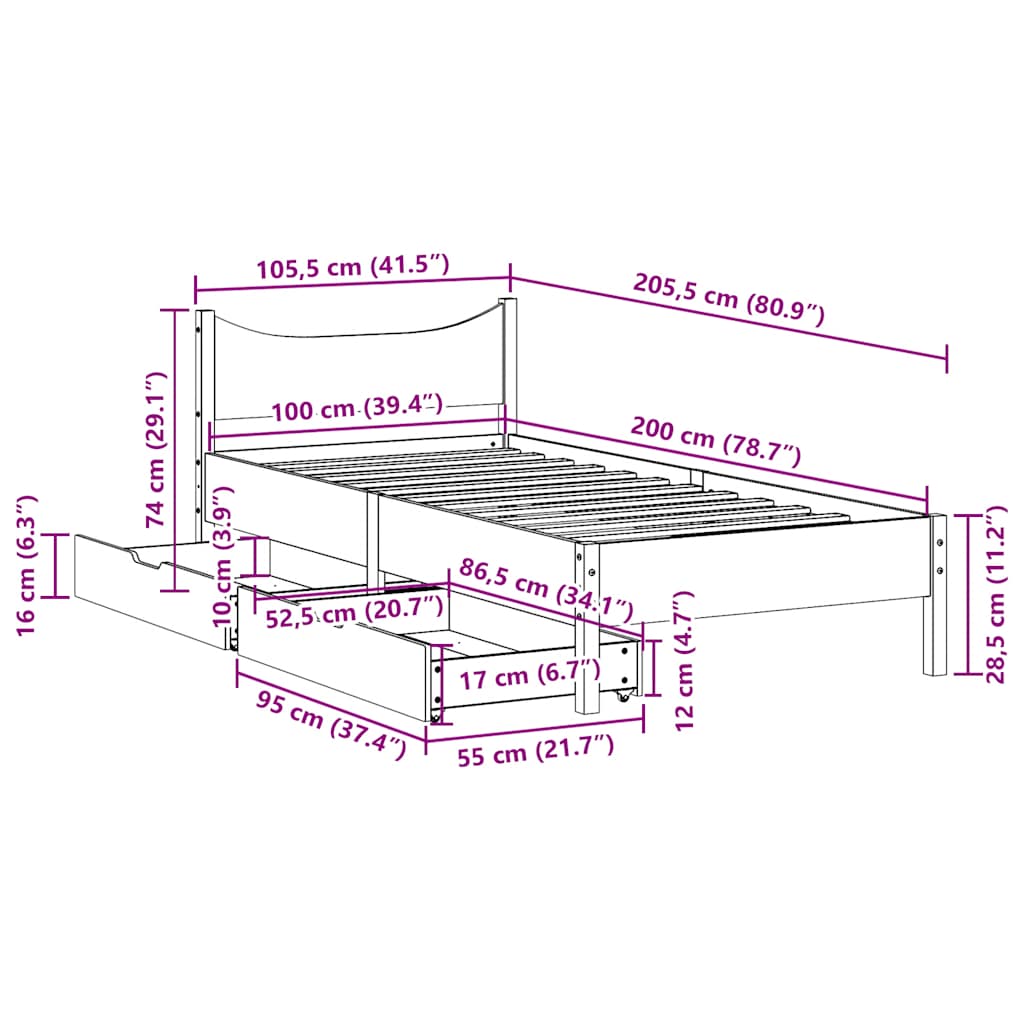 Cadre de lit avec tiroirs 100x200 cm bois massif de pin